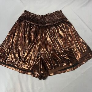 Glam Metallic Bronze Lined Shorts Smocked Waist‎ Pleated Party Shiny Size Small